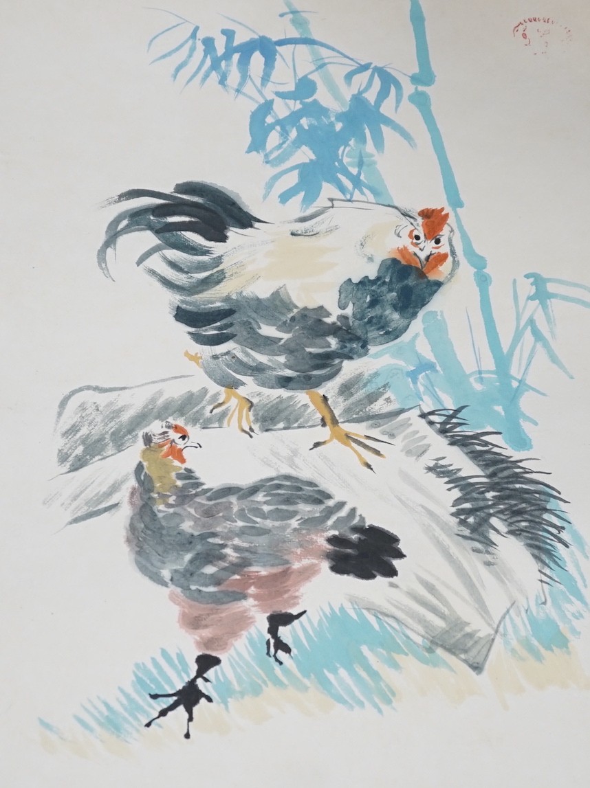 Chinese School, watercolour, Study of chickens, 72 x 48cm, unframed